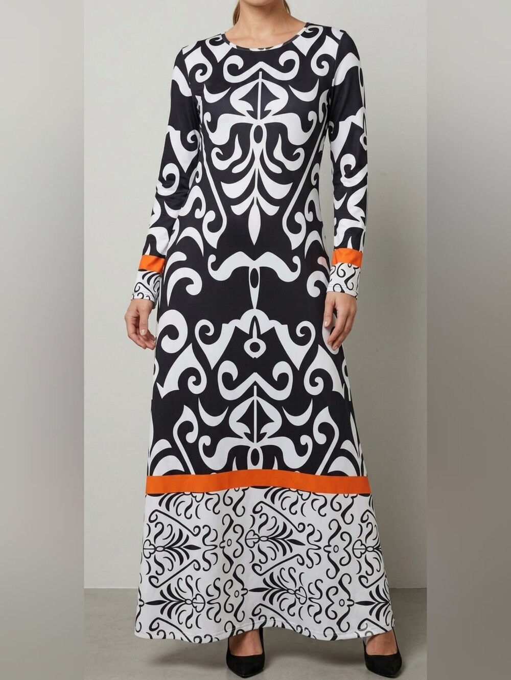 Boho Black & White Damask Print Long Sleeve Maxi Dress | Orange Trim | XXL  NWT